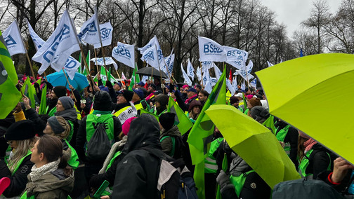 man sieht zahlreiche Demoteilnehmer mit Fahnen